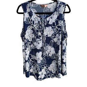 SJS Vintage Y2K Womens Floral Sleeveless Blue Tie Neck Babydoll Top Blouse XL
